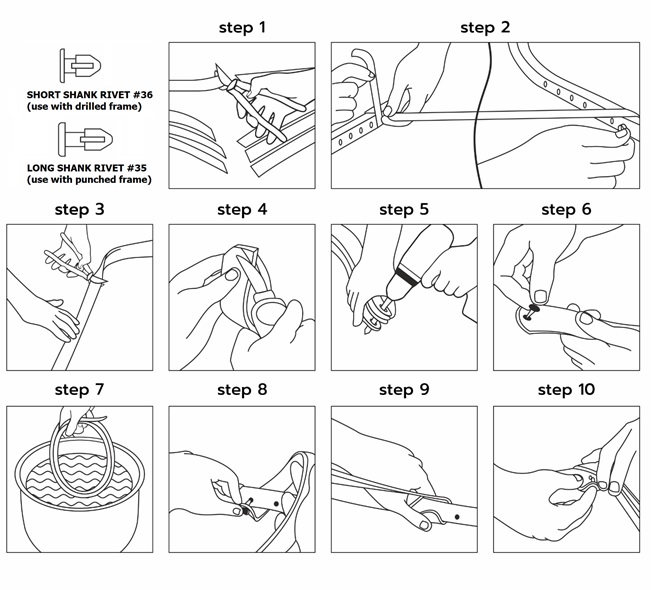 SINGLE WRAP PROCESS STEP-BY-STEP INSTRUCTION ON VINYL STRAP INSTALLATION</br>
HOLLOW FRAME (SQUARE OR ROUND)